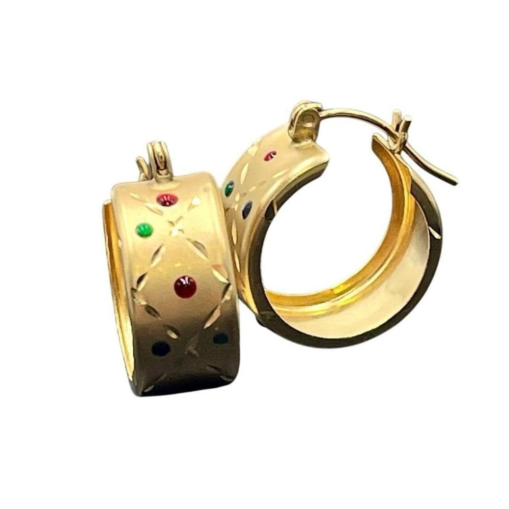 JN 14k Yellow Gold Wide Jewel Color Enamel Dot X Design Diamond Hoop Earring 2.5